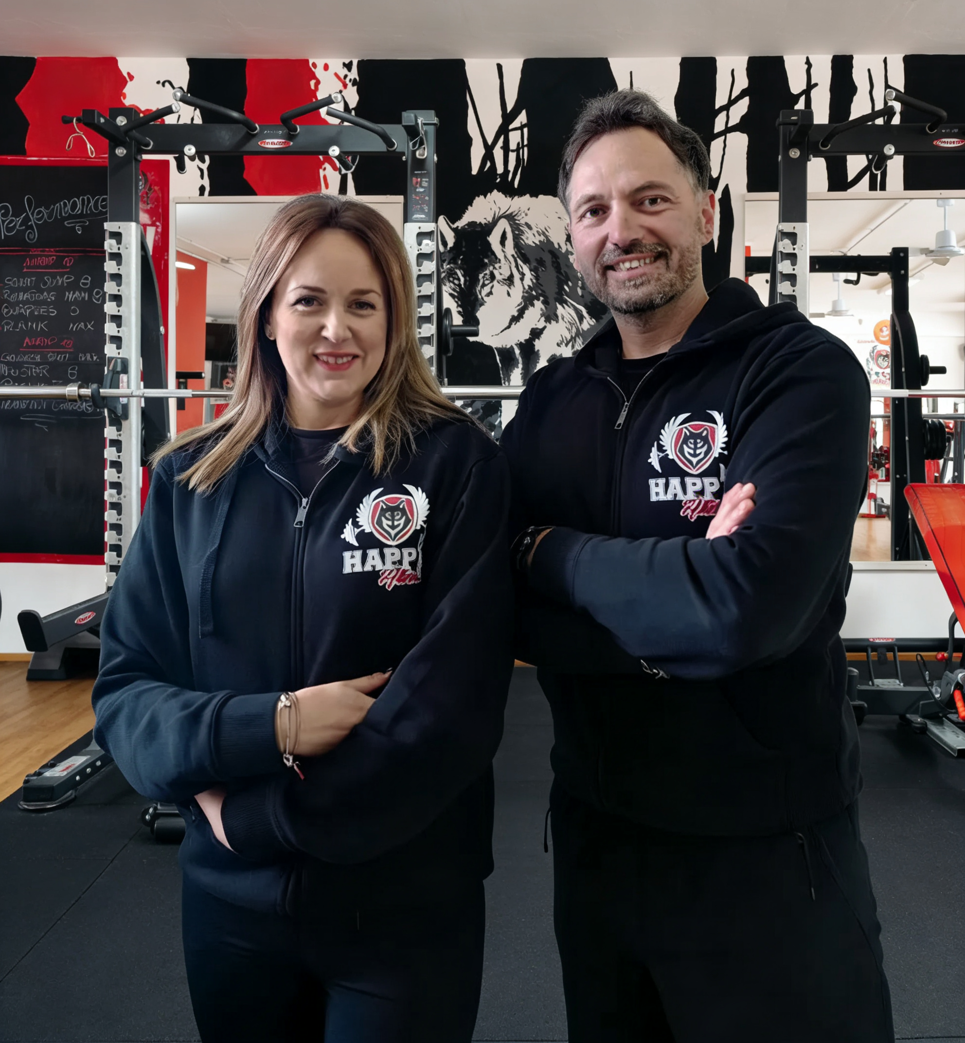 Francesca e Giuseppe dello staff Happy Fitness nella sala attrezzi di Pretoro.